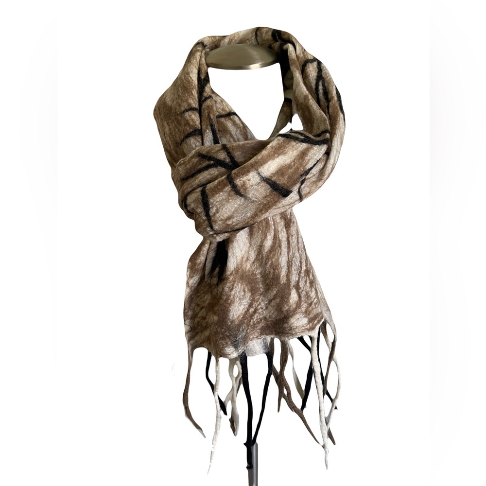 Cozy Neutral Nuno Felted Merino Wool Fringe Scarf